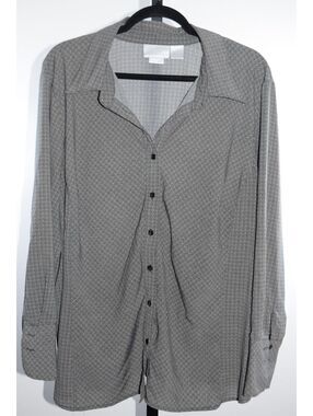 Worthington Stretch Herringbone Chevron Button Up Shirt Gray Black Plus Size 3X